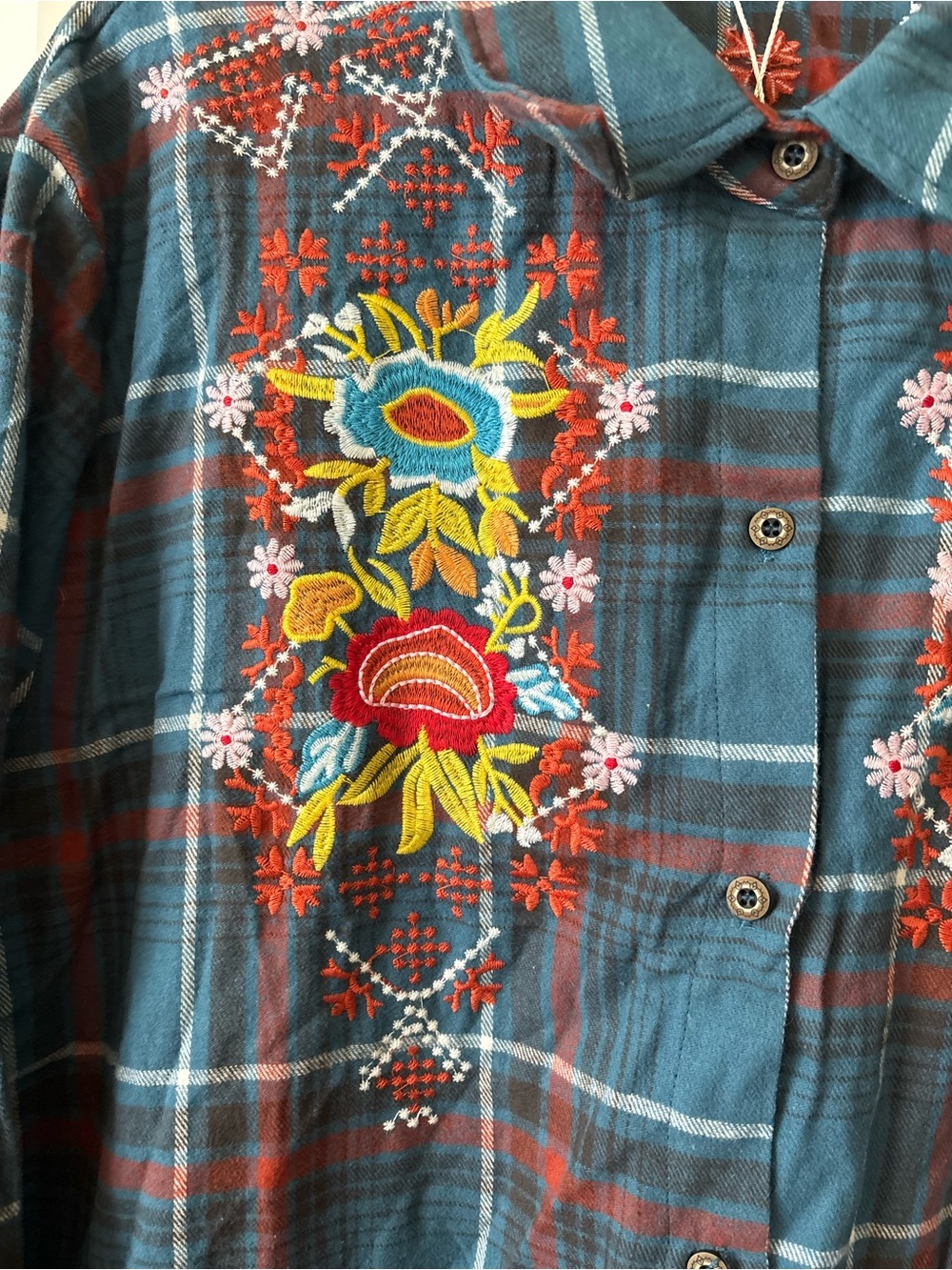 KOMILI 3XL Embroidered Plaid Button Front Tunic Shacket Boho Floral Top NEW - Picture 4 of 7